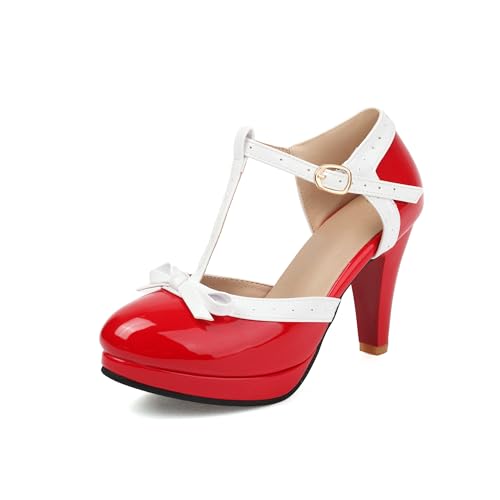 Mode Frauen High Heels Bogen Plattform Runde Zehe Pumpen Leder Sommer Süße Schuhe（Red 1-1，43） von WOOD MEETS COLOR