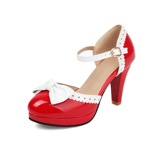 Mode Frauen High Heels Bogen Plattform Runde Zehe Pumpen Leder Sommer Süße Schuhe（Red 2-1，41） von WOOD MEETS COLOR