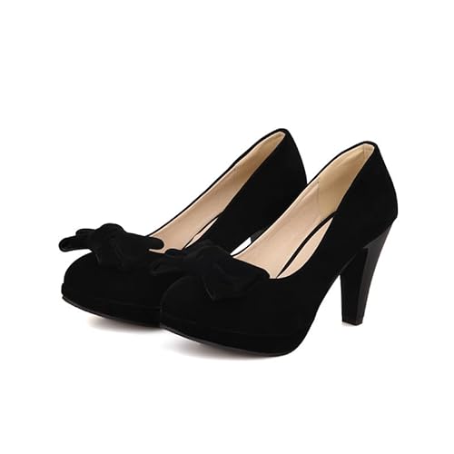 Mode Frauen High Heels Bogen Plattform Runde Zehe Pumpen Leder Sommer Süße Schuhe（Black 101，41） von WOOD MEETS COLOR