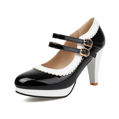 Mode Frauen High Heels Bogen Plattform Runde Zehe Pumpen Leder Sommer Süße Schuhe（Black 112，42） von WOOD MEETS COLOR