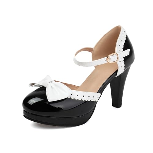 Mode Frauen High Heels Bogen Plattform Runde Zehe Pumpen Leder Sommer Süße Schuhe（Black 2-1，39） von WOOD MEETS COLOR