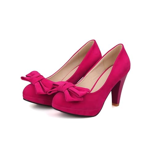 Mode Frauen High Heels Bogen Plattform Runde Zehe Pumpen Leder Sommer Süße Schuhe（Plum red 101，37） von WOOD MEETS COLOR