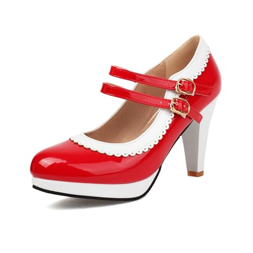 Mode Frauen High Heels Bogen Plattform Runde Zehe Pumpen Leder Sommer Süße Schuhe（Red 112，37） von WOOD MEETS COLOR