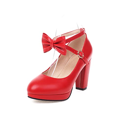 Mode Frauen High Heels Bogen Plattform Runde Zehe Pumpen Leder Sommer Süße Schuhe（Red 3-17，40） von WOOD MEETS COLOR