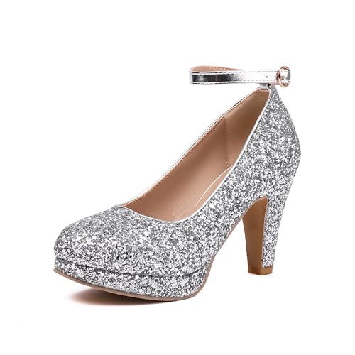 Mode Frauen T-Strap High Heels Bogen Plattform Runde Zehe Pumpen Leder Sommer Süße Schuhe（Silvery 6-1，40） von WOOD MEETS COLOR