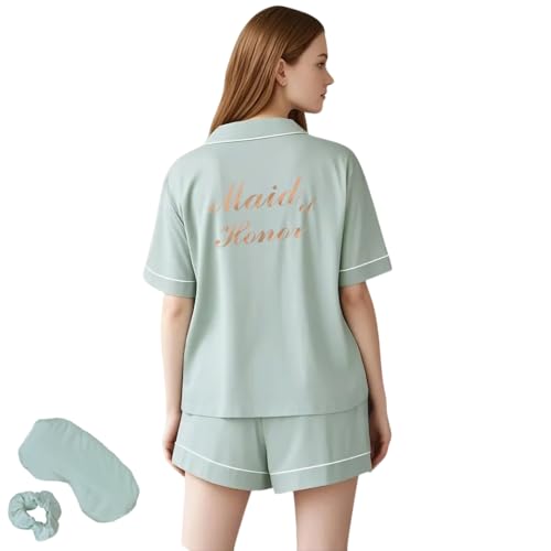 WOOD MEETS COLOR 4Pcs Bride Pyjama Sommer Seide Pyjamas für Team Bride Kurzarm Shorts Pyjamas Matching Pyjamas mit Brautjungfer（Mint Green 98，S） von WOOD MEETS COLOR