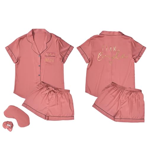 WOOD MEETS COLOR 4Pcs Bride Pyjama Sommer Seide Pyjamas für Team Bride Kurzarm Shorts Pyjamas Matching Pyjamas mit Brautjungfer（Red 92，L） von WOOD MEETS COLOR