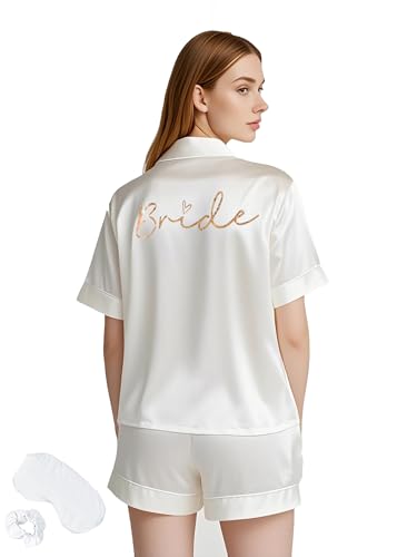 WOOD MEETS COLOR 4Pcs Bride Pyjama Sommer Seide Pyjamas für Team Bride Kurzarm Shorts Pyjamas Matching Pyjamas mit Brautjungfer（White 91，2XL） von WOOD MEETS COLOR