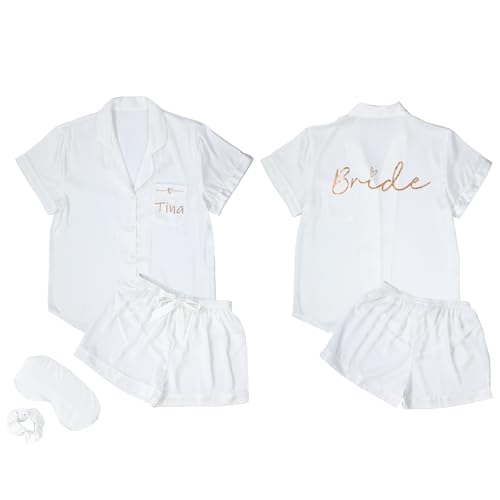WOOD MEETS COLOR 4Pcs Bride Pyjama Sommer Seide Pyjamas für Team Bride Kurzarm Shorts Pyjamas Matching Pyjamas mit Brautjungfer（White 92，M） von WOOD MEETS COLOR