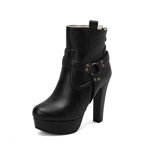 WOOD MEETS COLOR Frauen Herbst Runde Zehe Spitze bis Knöchel Schnalle Chunky High Heel Plattform Ritter Stiefel（Black H338-5，39） von WOOD MEETS COLOR