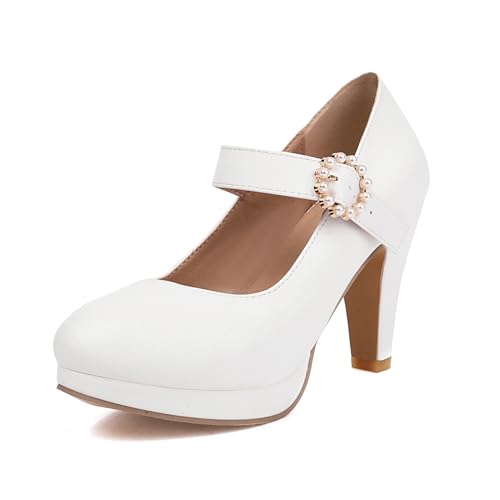 Mode Frauen High Heels Bogen Plattform Runde Zehe Pumpen Leder Sommer Süße Schuhe（White 6-2，43） von WOOD MEETS COLOR