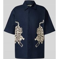 WOODBIRD Relaxed Fit Leinenhemd mit Motiv-Stitching Modell 'Wang' in Marine, Größe L von WOODBIRD