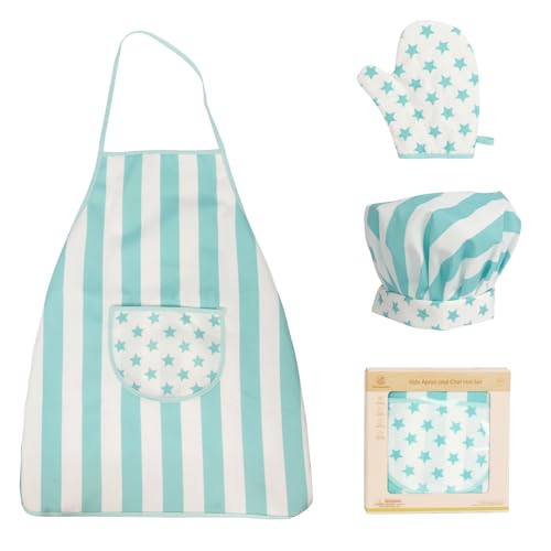WOODENFUN Kinder Schürze Kochmütze Set Chef-Set für Kinder Kinderschürze Kochschürze mit Taschen, Backkochhut Gummiband, Sternenmuster Kochhandschuhe, Kinderrollenspiel von WOODENFUN