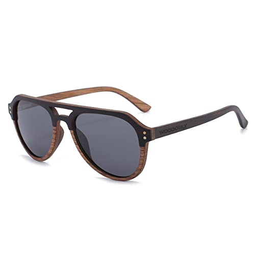 WOODONLY Pilotenbrille Holz Polarisierte Sonnenbrille - Mode Stil Hölzerne Sonnenbrille mit Bambus Etui für Herren und Damen Perfekte Geschenke (Walnuss+Ebenholz) von WOODONLY