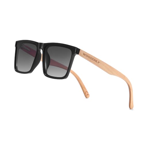 WOODONLY Holz Mode Polarisierte Sonnenbrille - UV400 Schutz Quadratische Sonnenbrille für Herren und Damen Perfekte Geschenke (Schwarz+Ahorn) von WOODONLY