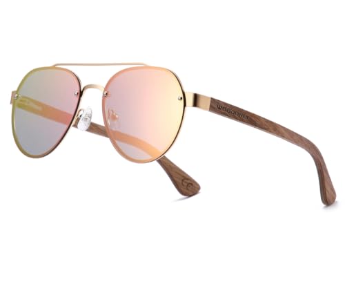 WOODONLY Holz Piloten Sonnenbrille ohne Rand - Polarisierte Sonnenbrille mit Metallrahmen für Damen und Herren Perfekte Geschenke (Rosa) von WOODONLY