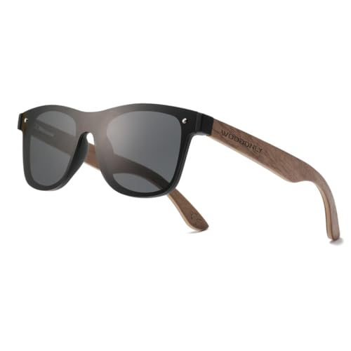 WOODONLY Holz Polarisierte Sonnenbrille-Trendy One Piece Rectangular Shades für Herren und Damen Perfekte Geschenke (Walnuss Schwarz) von WOODONLY