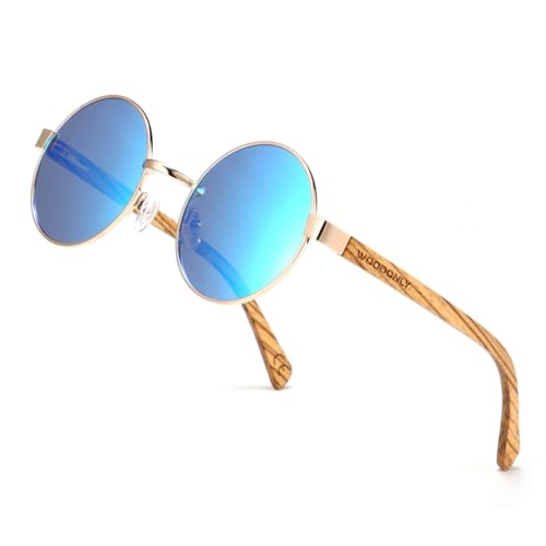 WOODONLY Holz Runde Polarisierte Sonnenbrille - Mode Metallrahmen Sonnenbrille für Herren und Damen Perfekte Geschenke (Blau) von WOODONLY