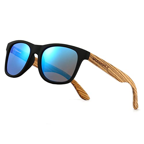 WOODONLY Holz Retro Polarisierte Sonnenbrille - Cooler Stil Mattes Rahmen Perfekte Geschenke für Damen und Herren (Zebrano Blau) von WOODONLY