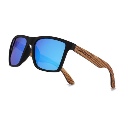 WOODONLY Pilotenbrille Holz Polarisierte Sonnenbrille - UV400 Schutz Quadrat Shades für Herren und Damen Perfekte Geschenke (Blau) von WOODONLY
