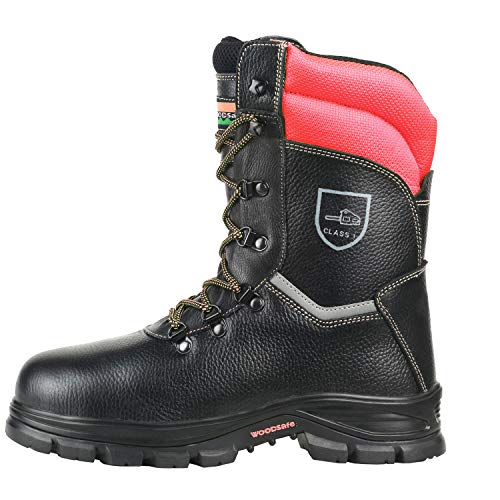 WOODSafe®, Herren, Schnittschutzstiefel, Klasse 1, S3, Farbe schwarz/rot, Forststiefel KWF-geprüft, Stahlkappe, durchtrittsicher, Leder, wasserabweisend, antishock, Größe 46 EU von WOODSafe