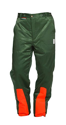 WOODSafe Schnittschutzhose Klasse 1, Forsthose, kwf-geprüft, Bundhose grün/orange mit Hosenträgern, Herren - Waldarbeiterhose mit Schnittschutz Form A, Größe 54 von WOODSafe