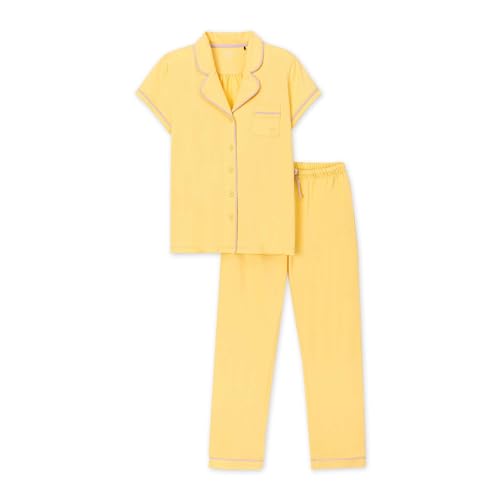 WOODY Eleganter Damen Pyjama Set - S, Gelb - Baumwolle, Sommerlich Schlafanzug Set von WOODY