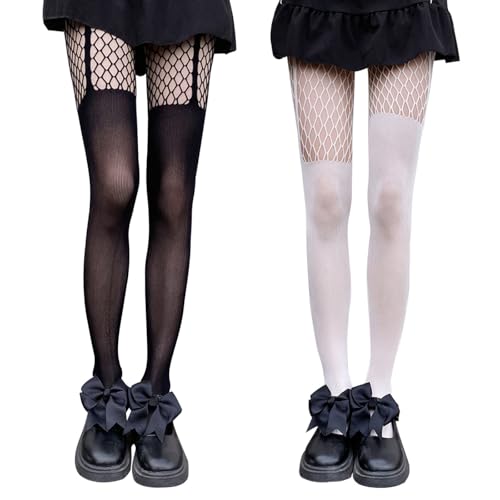 WOOKIT 2 Paar Strumpfhosen Damen Muster Netzstrumpfhose Schwarz Spitze Weiße Strumpfhose Muster Blumen Hohe Taille Sexy Strumpfhose Gothic (Schwarz + Weiß Mesh Strumpfhalter) von WOOKIT