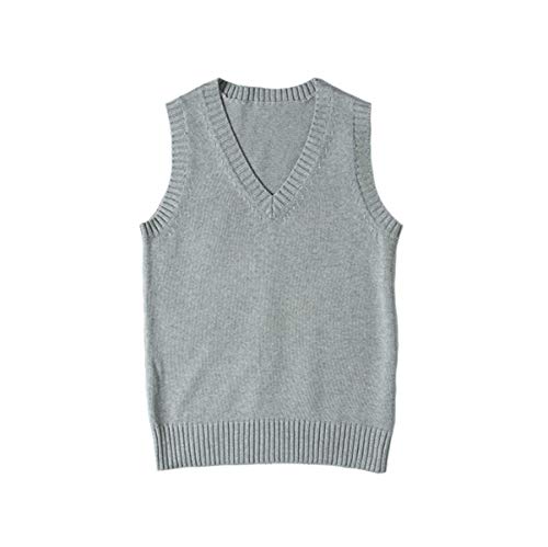 WOOKIT Damen Mädchen Jungen Ärmellose Pullunder, Unisex V-Ausschnitt Baumwolle Strickpullover Westen, 12 Farben Retro Pullover Strickweste für Herbst Frühling Winter-Grau-M von WOOKIT