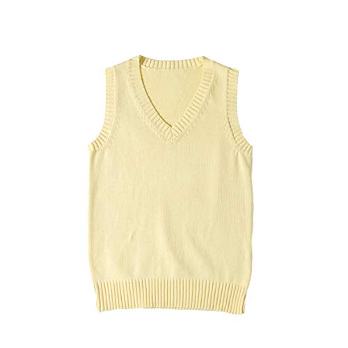 WOOKIT Damen Mädchen Jungen Ärmellose Pullunder, Unisex V-Ausschnitt Baumwolle Strickpullover Westen, 12 Farben Retro Pullover Strickweste für Herbst Frühling Winter-Helles Gelb-L von WOOKIT