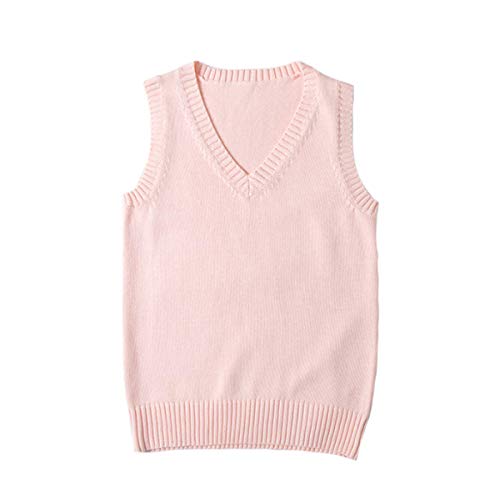 WOOKIT Damen Mädchen Jungen Ärmellose Pullunder, Unisex V-Ausschnitt Baumwolle Strickpullover Westen, 12 Farben Retro Pullover Strickweste für Herbst Frühling Winter-Rosa-S von WOOKIT