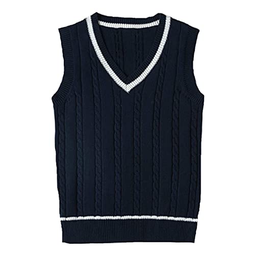 WOOKIT Strickpullover Gestrickte Gilets Pullover Klassische Schule Ärmellose Tank Westen Süße Uniform mit V-Ausschnitt-Navy blau-L von WOOKIT