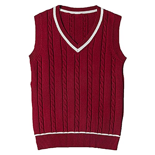 WOOKIT Strickpullover Gestrickte Gilets Pullover Klassische Schule Ärmellose Tank Westen Süße Uniform mit V-Ausschnitt-Rot-XXL von WOOKIT