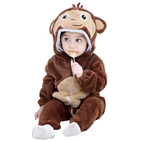 WOOKIT Unisex Baby Onesie Winter Kapuzen Cartoon Strampler Neugeborenen Overall für Jungen und Mädchen 0-36 Monate-Affe-100 von WOOKIT