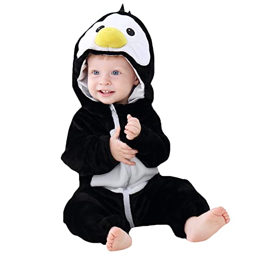 WOOKIT Unisex Baby Onesie Winter Kapuzen Cartoon Strampler Neugeborenen Overall für Jungen und Mädchen 0-36 Monate-Pinguin-80 von WOOKIT