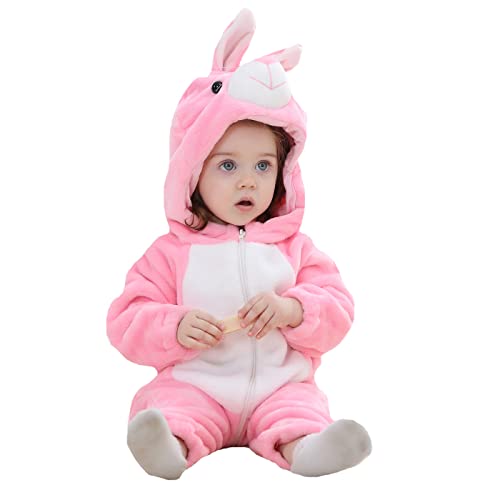 WOOKIT Unisex Baby Onesie Winter Kapuzen Cartoon Strampler Neugeborenen Overall für Jungen und Mädchen 0-36 Monate-Rosa Kaninchen-100 von WOOKIT