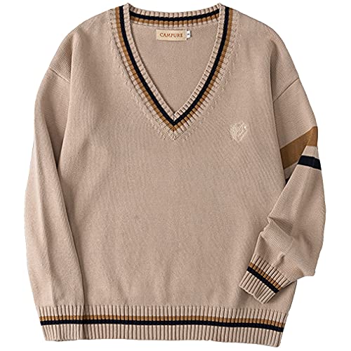 WOOKIT Unisex Langarm Pullover mit V-Ausschnitt, Dark Academia Clothes, Gestreifter Retro-Pullover aus Baumwolle Warmes Oberteil für den Winter Herbst-Aprikose-L von WOOKIT