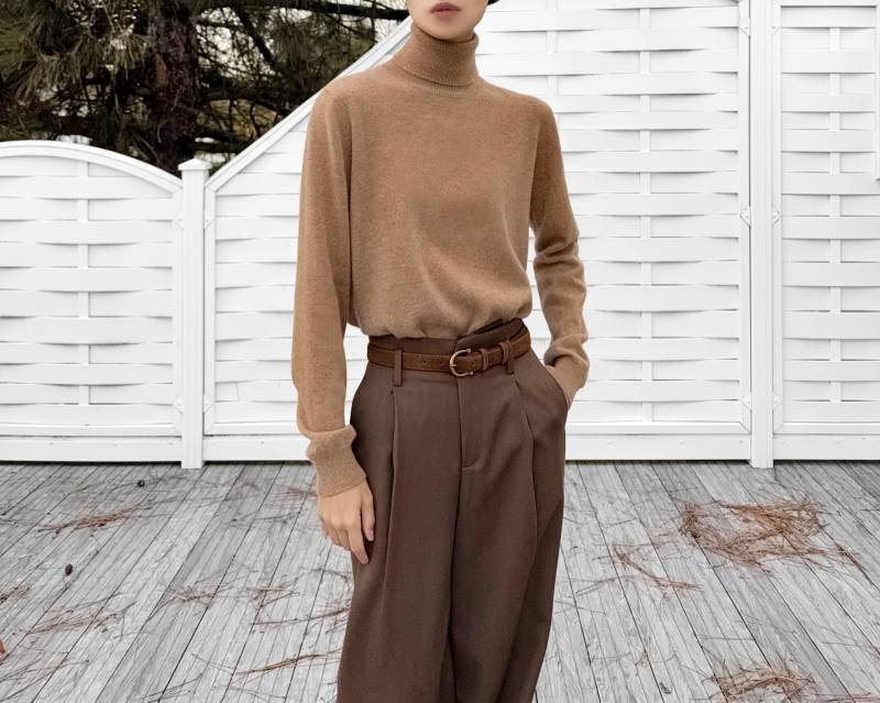 Camel Kaschmir Wolle Basic Rollkragenpullover Pullover, Regular Fit Damen High Neck Pullover Rollkragen von WOOLWHITE