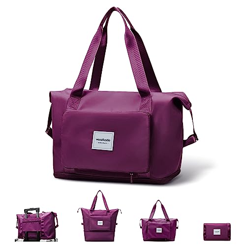 WOOMADA Faltbare Reisetasche, Wochenendtaschen für Frauen, Tragetasche mit erweiterbarem Platz, Handgepäcktaschen für Flugzeuge mit Nasstasche & Trolleyhülle, Turnbeutel für Frauen, leicht, B-lila von WOOMADA