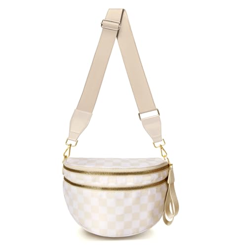 WOOMADA Karierte Umhängetasche, Bauchtasche, stilvolle Gürteltasche, Geldbörse, Beigefarbenes Schachbrett von WOOMADA