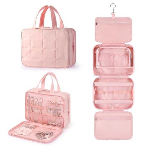 WOOMADA Kulturbeutel mit Haken zum Aufhängen, Reise-Kulturbeutel mit Schmuck-Organizer, geschwollene Make-up-Kosmetiktasche, Organizer für Damen, Pink WOOMADA Kulturbeutel mit Haken zum Aufhängen, Reise-Kulturbeutel mit Schmuck-Organizer, geschwollene Make-up-Kosmetiktasche, Organizer für Damen, Pink von WOOMADA