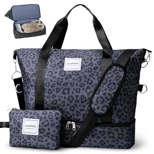WOOMADA Weekender Bag für Damen, Reisetaschen mit Schuhfach & Nasstasche, Persönliche Gegenstände Tasche für Fluggesellschaften, Schwarz Leopard von WOOMADA