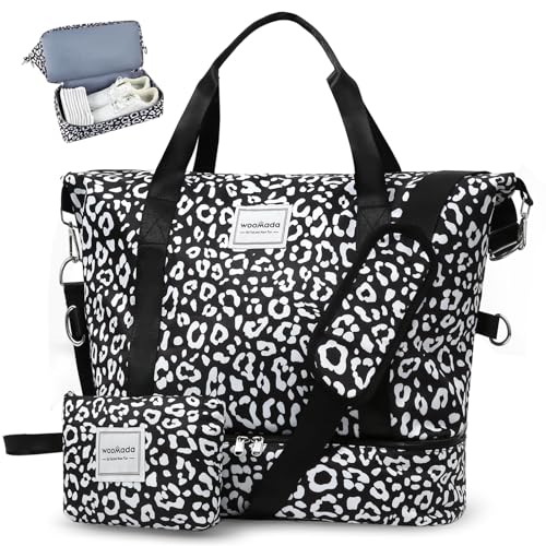 WOOMADA Weekender Bag für Damen, Reisetaschen mit Schuhfach & Nasstasche, persönliche Gegenstände Tasche für Fluggesellschaften, Weiß / Leopardenmuster von WOOMADA