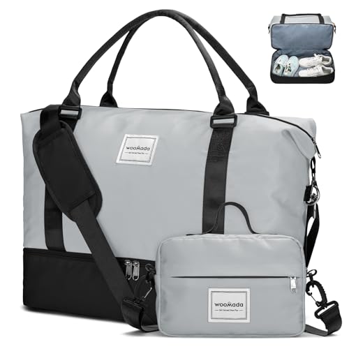 WOOMADA Wochenendtasche für Damen, Reisetasche mit Schuhfach, Übernachtungstasche mit Kulturbeutel, große Größe, Schwarz / Grau von WOOMADA