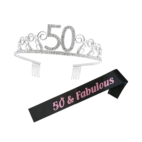 WOONEKY 50 Strass-kronen-haarkamm-set Mit Buchstabendruck Schärpe Für Geburtstagsparty-dekorationen Braut-accessoire Geburtstagsschärpe Für Frauen von WOONEKY