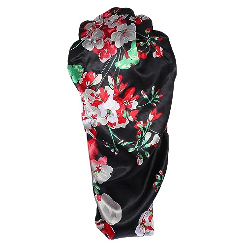 WOONEKY Satin Haube Damen Langes Haar Pflege Hut Mit Elastischem Band Atmungsaktive Haarpflegehaube Für Lockiges Und Langes Haar Hautfreundlich Schwarz Mit Rotes Blumenmuster von WOONEKY
