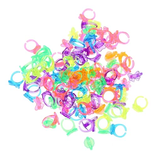 WOONEKY 100 Stück Kunststoffringe für Bunte Cartoon Spielringe Mitbringsel für Mädchen zum Verkleiden und Zufällige Designs Zufällige Farbe Zufällige Farbe von WOONEKY