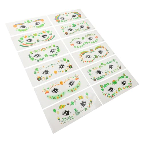 WOONEKY 12 Blatt Kleeblatt Gesichtstätowierungen Temporäre Tattoos für Patrick's Day Kreative Aufkleber für Irische Festivals und Partys Dekoration für Feiertagsumzüge von WOONEKY
