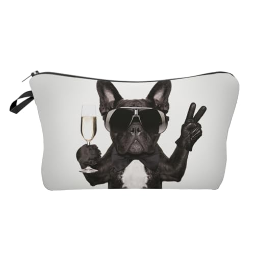 WOONEKY 1stück Damen Kosmetikbeutel Mit Druck wasserdichte Make-up Tasche Mit Reißverschluss Für Frauen Handtasche Im Hund Und Glas Design Vielseitig Einsetzbar Für Alltag Und Reisen von WOONEKY
