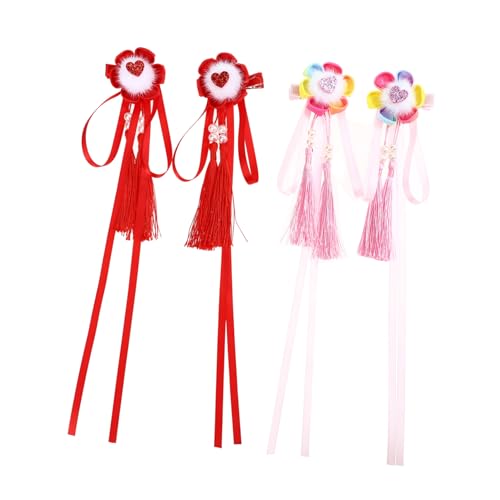 WOONEKY 2paare Chinesische Dangle Haarspangen Mit Blumen Und Herzdesign Plüschball-tassel Haarklammern Für Frauen Und Mädchen Für Feste Und Alltag von WOONEKY